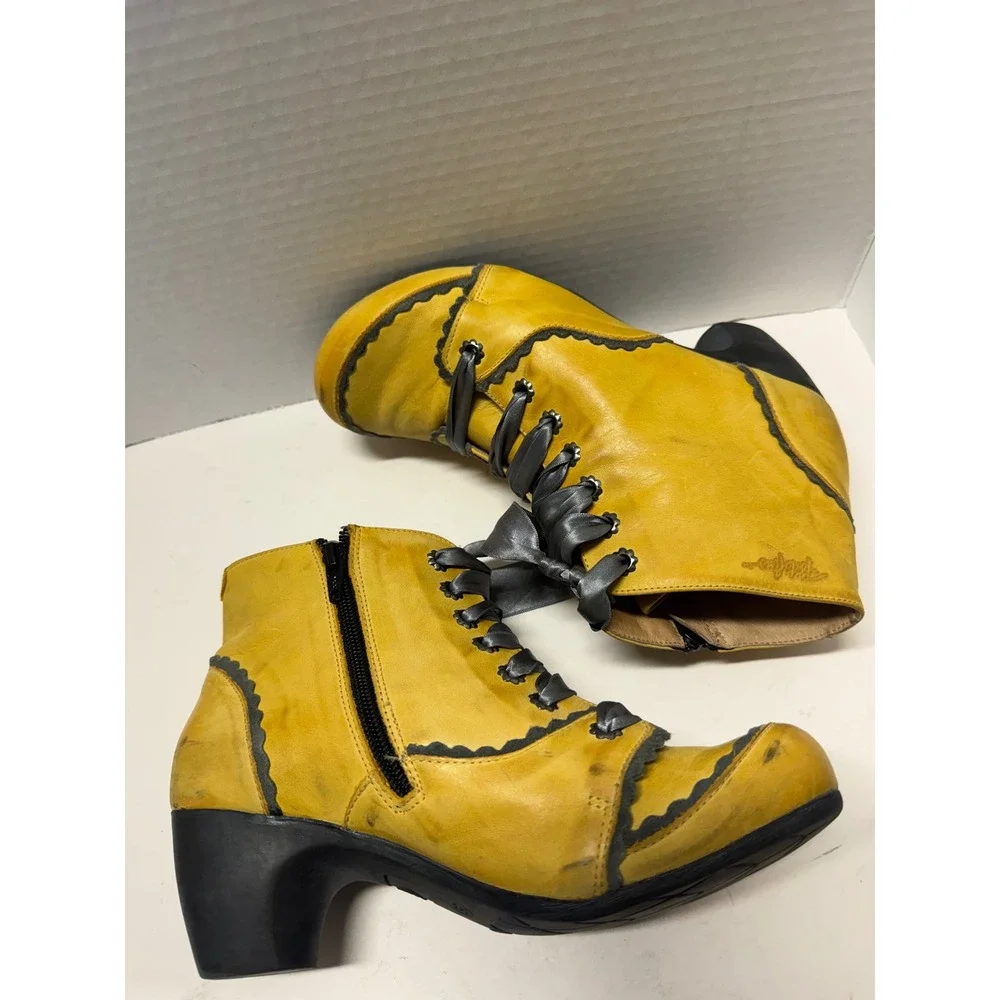 Pikolinos Yellow Leather Scalloped Ribbon Lace Up Ankle Boots Size 39 8.5